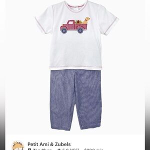 Petit Ami White Top with Red Truck Applique and Blue Pinstripe Pants